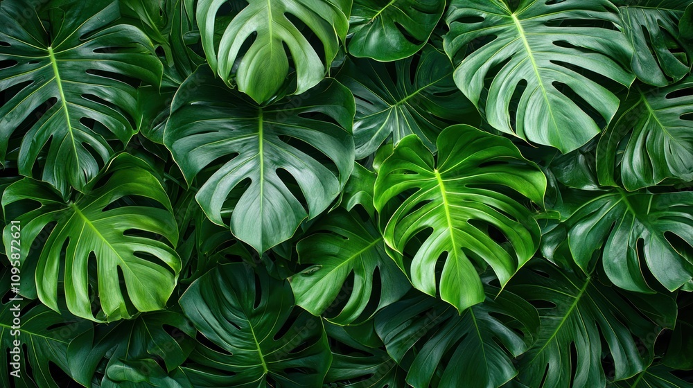 A collection of overlapping monstera leaves creating a lush, green background A collection of overlapping monstera leaves creating a lush, green background