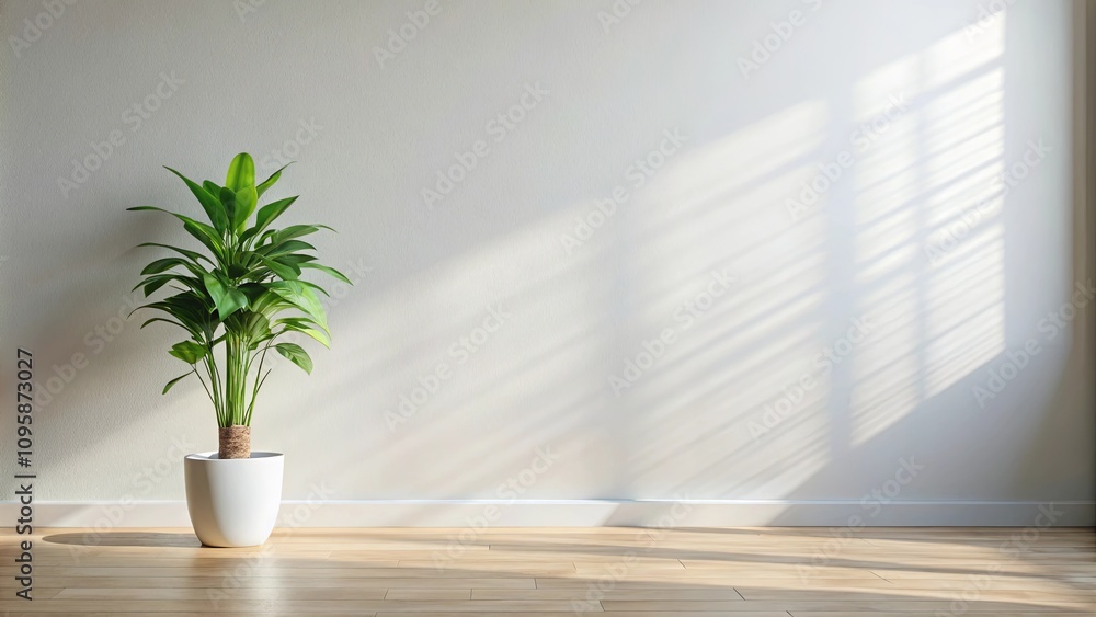 Serene Minimalist Room Decor Houseplant in White Pot on Light Wood Floor with Sunlight Streaming Through Window Serene Minimalist Room Decor Houseplant in White Pot on Light Wood Floor with Sunlight Streaming Through Window