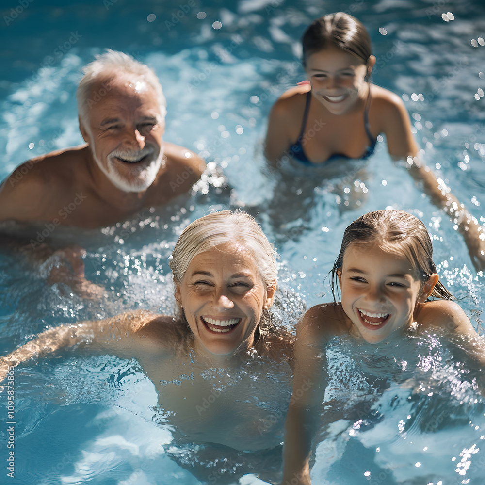 Multi-generational family fun in pool outdoor setting candid moments joyful atmosphere vibrant colors for lasting memories Multi-generational family fun in pool outdoor setting candid moments joyful atmosphere vibrant colors for lasting memories