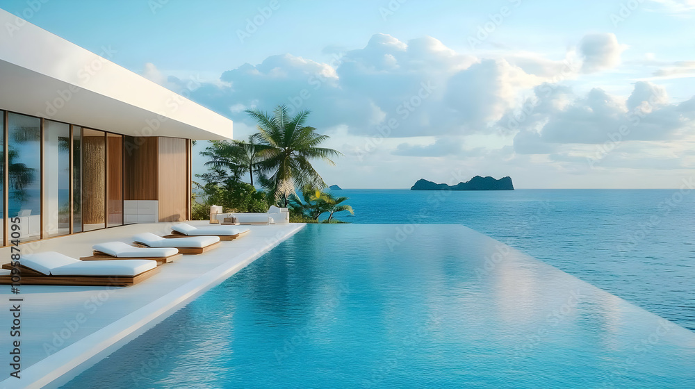 Fototapeta premium Modern House with Infinity Pool Overlooking Ocean - 3D Illustration