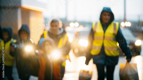 Storm Rescue Blur: A blurred background of emergency responders assisting evacuees.
 photo