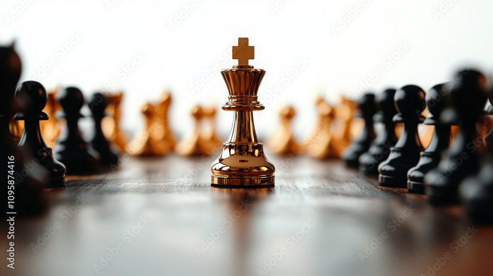 golden chess king surrounded by black pawns on wooden board golden chess king surrounded by black pawns on wooden board