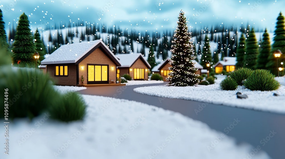 Cozy Snow Covered Winter Village Houses Christmas Tree Snowy Landscape Cozy Snow Covered Winter Village Houses Christmas Tree Snowy Landscape