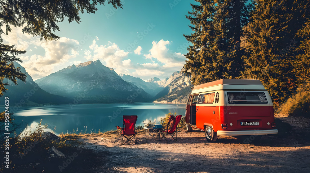 Red Camper Van Parked by a Lake and Mountain View Red Camper Van Parked by a Lake and Mountain View