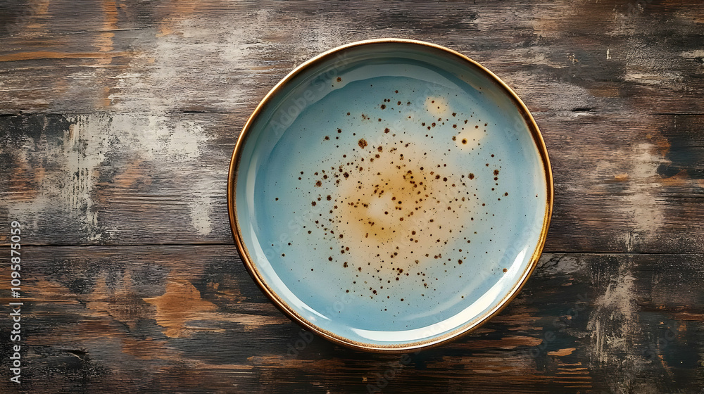 Blue and Brown Speckled Plate on Wood Background - Photo Blue and Brown Speckled Plate on Wood Background - Photo