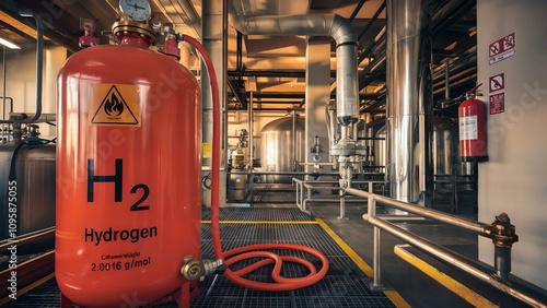 Hydrogen Gas Cylinders in Industrial Environment with Safety Signage