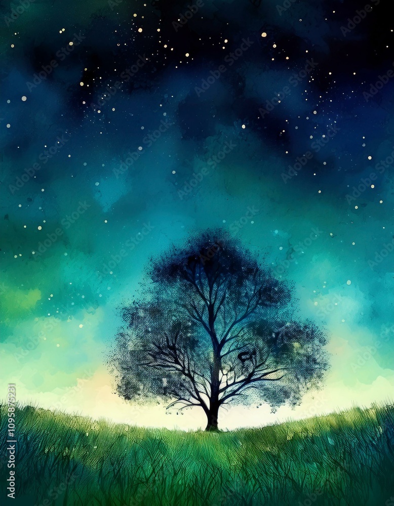 Beautiful sky and a tree growing in the grassland Beautiful sky and a tree growing in the grassland
