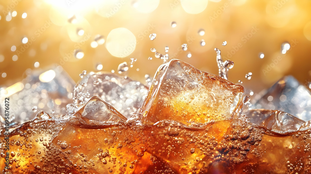 Closeup of Ice Cubes in Brown Liquid, Splashing Water, Realistic Image Closeup of Ice Cubes in Brown Liquid, Splashing Water, Realistic Image