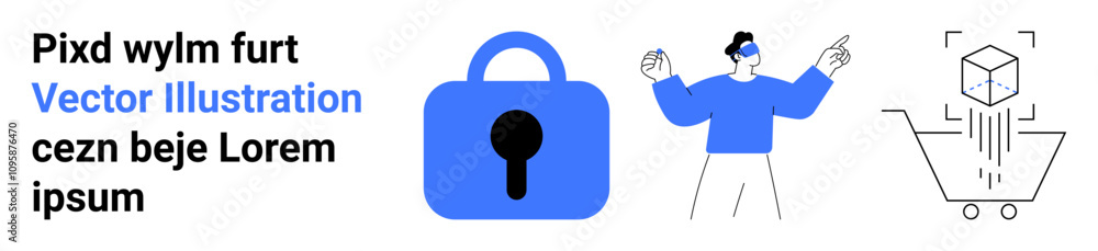 Text on left with keywords, blue lock icon, man in blue shirt and virtual reality headset, shopping cart with cube. Ideal for digital security, online shopping, technology, VR trends, e-commerce Text on left with keywords, blue lock icon, man in blue shirt and virtual reality headset, shopping cart with cube. Ideal for digital security, online shopping, technology, VR trends, e-commerce
