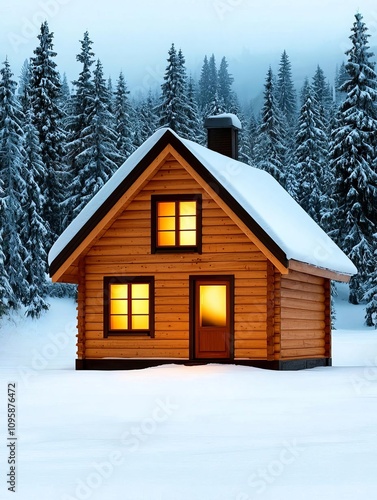 Cozy Wooden Cabin in Snowy Winter Forest Landscape