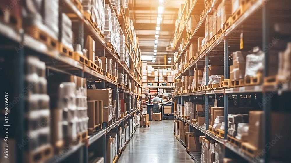 A busy warehouse filled with stacked boxes and shelves, indicating storage and logistics. A busy warehouse filled with stacked boxes and shelves, indicating storage and logistics.