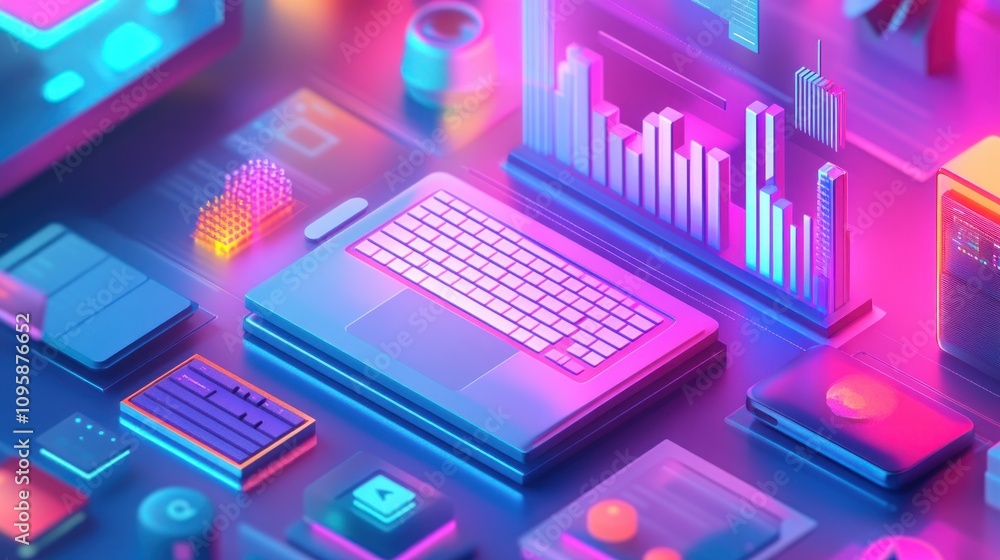 A vibrant digital workspace featuring a laptop, charts, and various tech elements. A vibrant digital workspace featuring a laptop, charts, and various tech elements.