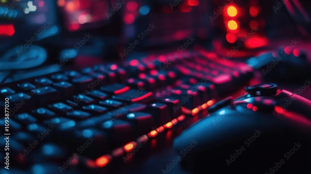 A close-up of a gaming setup featuring a keyboard and mouse with vibrant lighting. A close-up of a gaming setup featuring a keyboard and mouse with vibrant lighting.