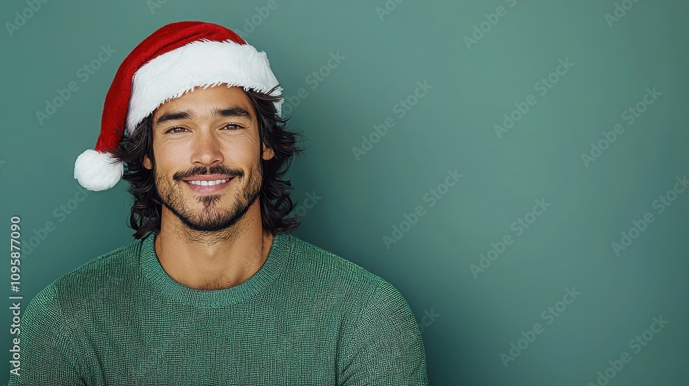 A joyful man with curly hair, wearing a festive Santa hat and a cozy green sweater, smiling against a teal background. A joyful man with curly hair, wearing a festive Santa hat and a cozy green sweater, smiling against a teal background.