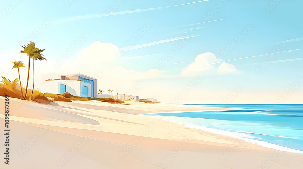 Beach House Illustration with Palm Trees Beach House Illustration with Palm Trees