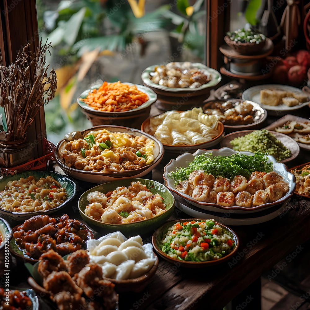 Culinary feast various cuisines displayed in a rustic setting herbal garden food culture exploration Culinary feast various cuisines displayed in a rustic setting herbal garden food culture exploration