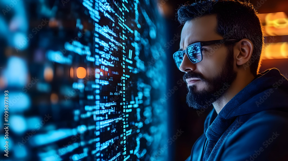 Man Looking at Code on a Screen - Realistic Image Man Looking at Code on a Screen - Realistic Image