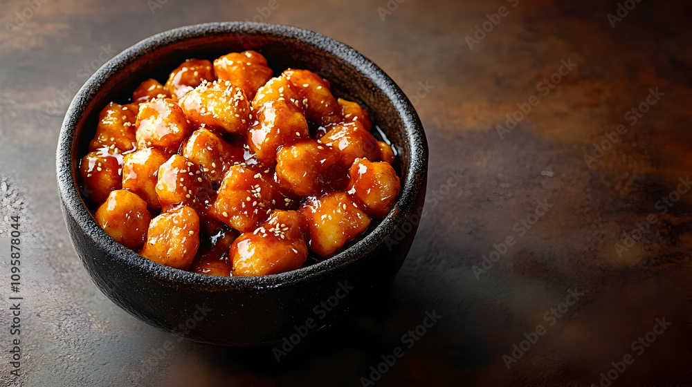 Delicious Sesame Chicken in Black Bowl - Food Photography Delicious Sesame Chicken in Black Bowl - Food Photography