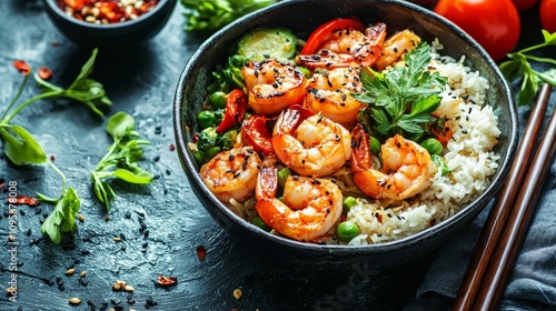 Stir-fried shrimp noodles, chopsticks and veggies, authentic Asian meal