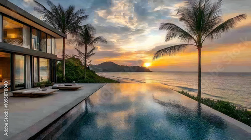 Luxury Villa with Infinity Pool and Ocean View at Sunset - Realistic Image