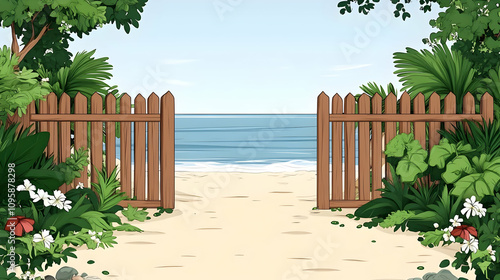 Beach Gate Illustration - Open Gate to the Ocean