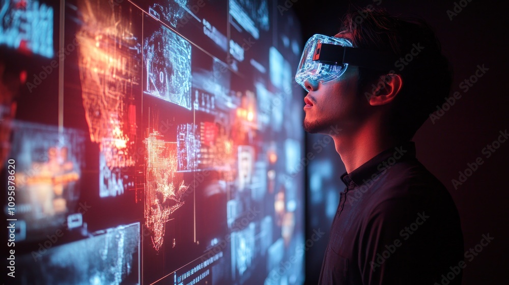 A person wearing VR goggles interacts with a digital display of data and graphics. A person wearing VR goggles interacts with a digital display of data and graphics.