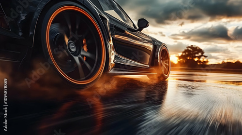 Black Sports Car With Orange Rims Driving On Wet Asphalt At Sunset - 3D Illustration