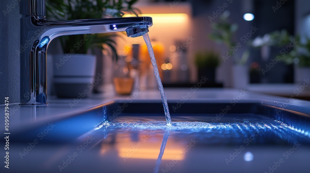 A modern kitchen sink with flowing water and ambient lighting, creating a serene atmosphere. A modern kitchen sink with flowing water and ambient lighting, creating a serene atmosphere.