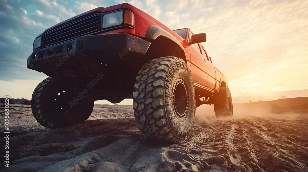 Red Off-Road Truck Driving on a Desert Sand Dune - Photo Red Off-Road Truck Driving on a Desert Sand Dune - Photo