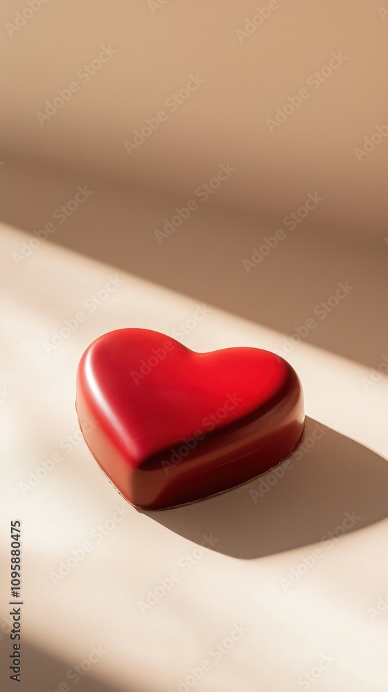 Red heart-shaped dessert in soft sunlight on beige background for valentine's day Red heart-shaped dessert in soft sunlight on beige background for valentine's day