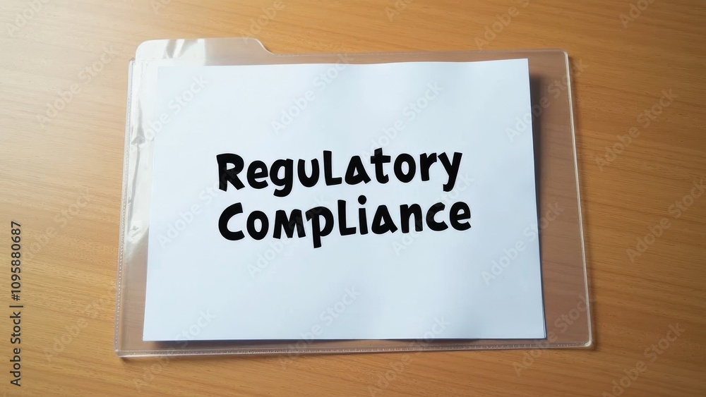 Document labeled 'Regulatory Compliance' in a clear folder on a simple wooden table with copyspace Document labeled 'Regulatory Compliance' in a clear folder on a simple wooden table with copyspace