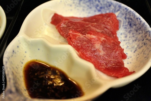 Japanese cuisine: basashi (horse meat sashimi) in Tokyo, Japan photo