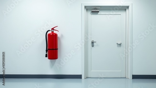 Red fire extinguisher mounted on a sterile wall next to a chemical storage room door in a laboratory setting