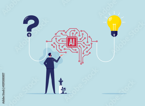 Using AI to solve problems and generate creative solutions, Working with robots, Businessman working with AI to find a solution to problem leading to the creation of a light bulb idea