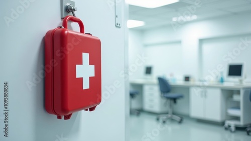 Compact red first aid kit hanging on a lab wall, emphasizing cleanliness and emergency readiness in a sterile environment