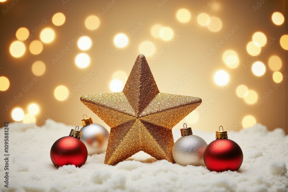 Enchanting Golden Star and Festive Baubles on Snowy Background, Perfect for Holiday Decorations and Christmas Cards Enchanting Golden Star and Festive Baubles on Snowy Background, Perfect for Holiday Decorations and Christmas Cards