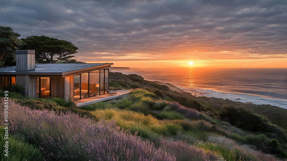 Modern Cliffside Home with Sunset View - Realistic Photo Modern Cliffside Home with Sunset View - Realistic Photo
