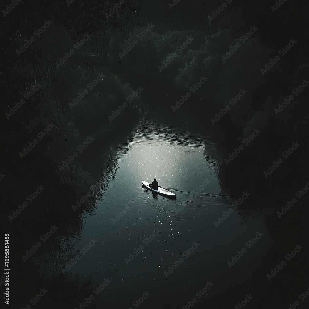 Fototapeta premium A lone kayaker paddles through a dark and mysterious forest.