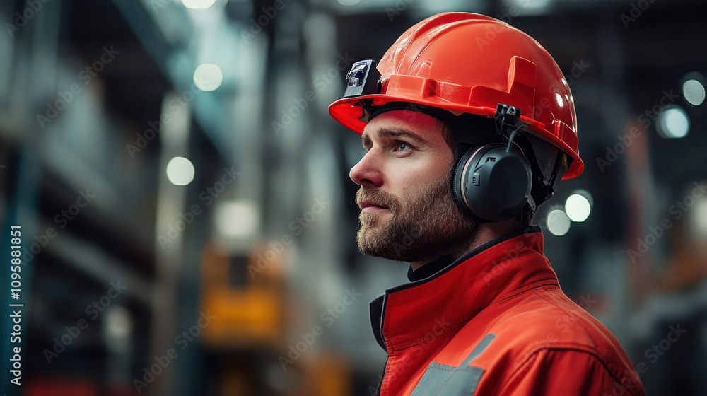 A worker in a safety helmet and headphones, focused in an industrial setting. A worker in a safety helmet and headphones, focused in an industrial setting.