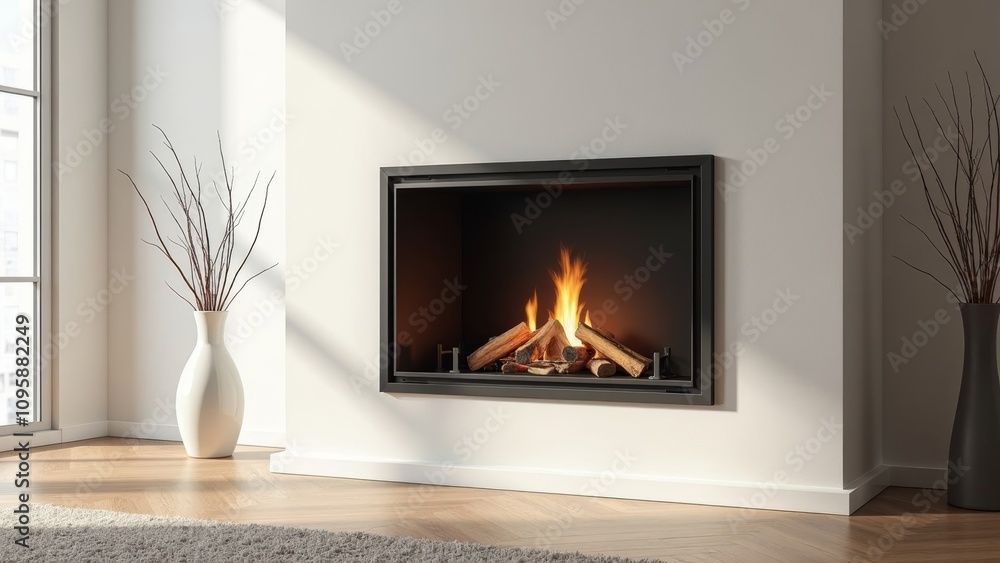 Stylish modern fireplace in minimalistic room with natural lighting and copyspace Stylish modern fireplace in minimalistic room with natural lighting and copyspace