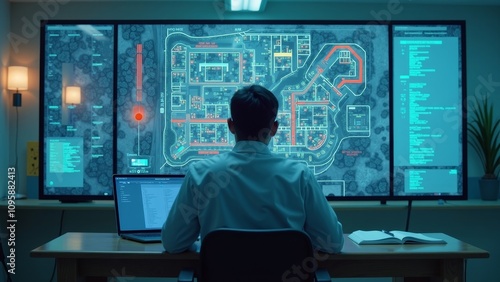 Doctor reviewing hospital evacuation map on large screen, focus on safety protocols and planning