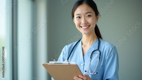 Smiling female healthcare professional holding clipboard in soft lighting, hospital setting