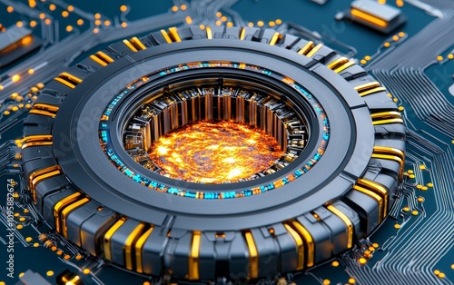 Futuristic Technology Circuit Board with Glowing Core