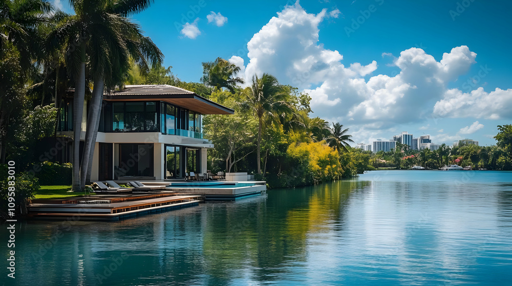 Modern Waterfront Home with Pool and Palm Trees - Realistic Image Modern Waterfront Home with Pool and Palm Trees - Realistic Image