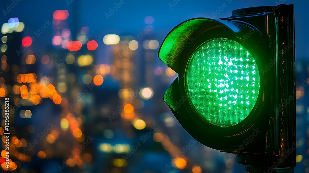 Green Traffic Light In A City At Night Green Traffic Light In A City At Night