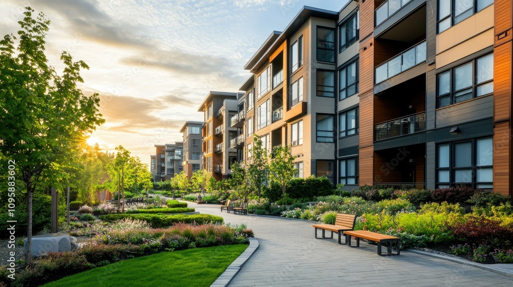 Beautifully Designed Modern Apartment Building at Sunset Beautifully Designed Modern Apartment Building at Sunset
