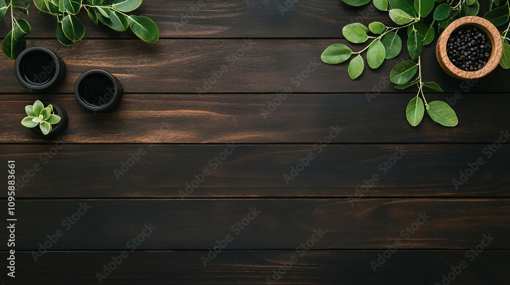 Serene Wooden Table with Green Foliage, Coffee Beans, and Simple Black Planters Creating a Tranquil Aesthetic for Minimalist Interior Design Inspiration Serene Wooden Table with Green Foliage, Coffee Beans, and Simple Black Planters Creating a Tranquil Aesthetic for Minimalist Interior Design Inspiration