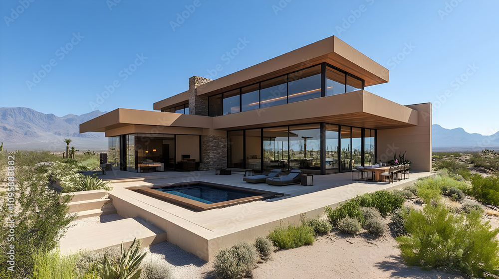 Modern Desert House with Pool and Mountain Views - Realistic Image Modern Desert House with Pool and Mountain Views - Realistic Image