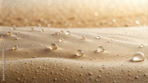 Water Resistant Fabric  Close-up of droplets on a textured, beige surface showcasing superior water repellency. photo