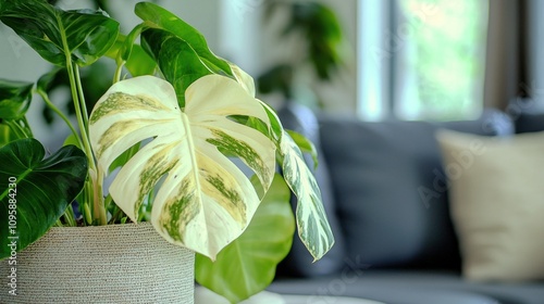 A rare monstera yellow variegation plant with stunning white in a sleek, modern living
